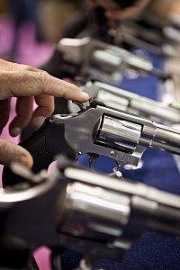 Smith & Wesson revolvers are displayed at the Safari Club International Convention in Reno, Nevada, in this January 29, 2011 file photo. REUTERS/Max Whittaker/Files