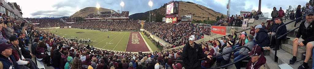 A full house packs Washington-Grizzly Stadium at the University of Montana for a home football game in 2015. (Photo by Martin Kidston)