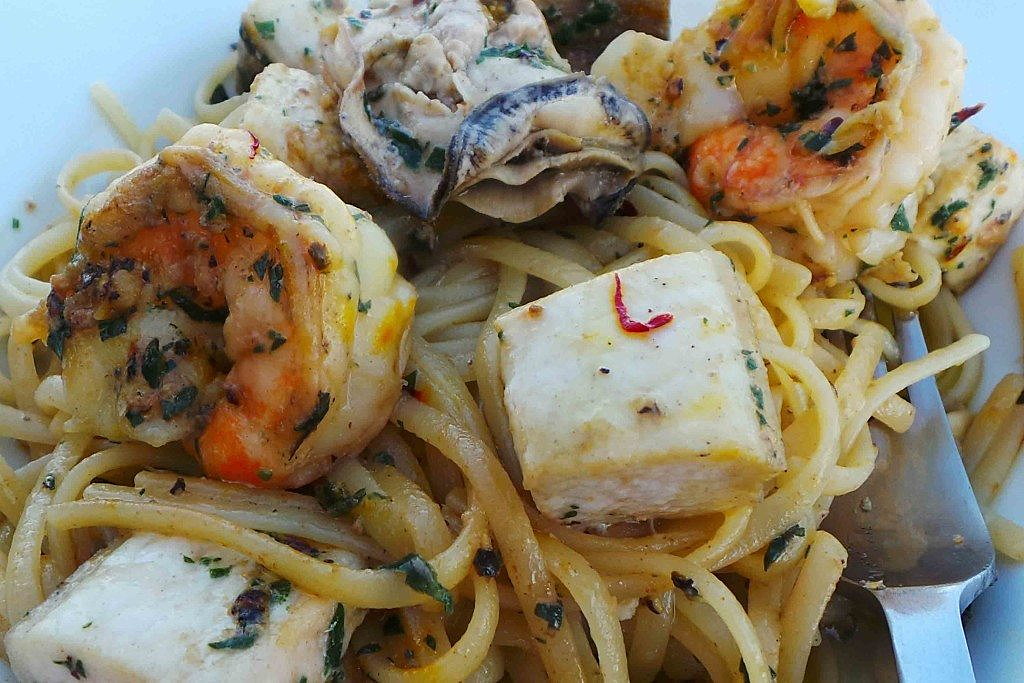 Linguine with swordfish, shrimp, and oysters. Credit: Copyright 2016 Clifford A. Wright