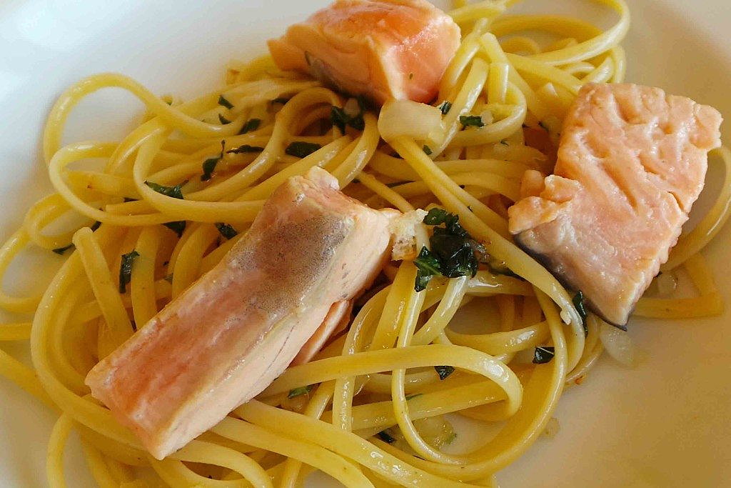 Linguine with salmon, basil, and mint. Credit: Copyright 2016 Clifford A. Wright